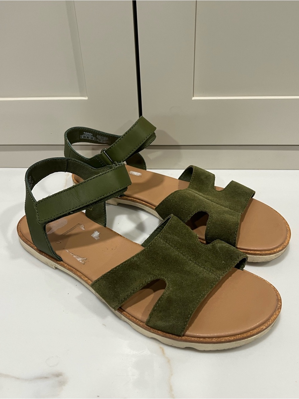 Sorel Olive Green Leather Slide Sandals with Tan Footbed